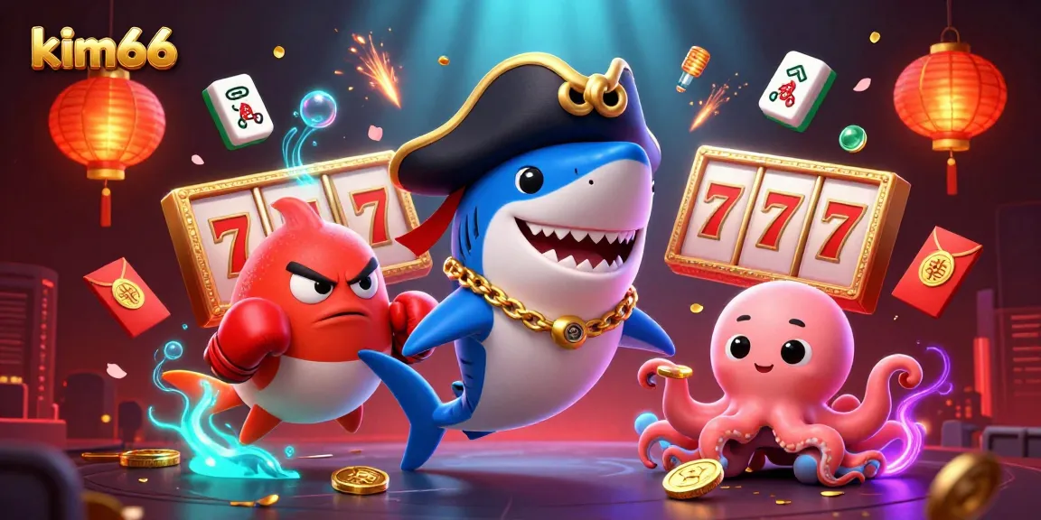 kim66 slot games featuring a lively pirate shark, angry pufferfish, and cute octopus with coins.
