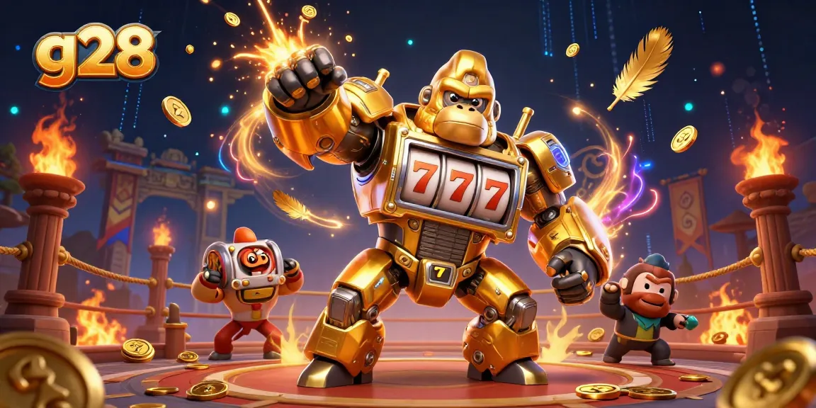 Engage with thrilling g28 slots as a golden gorilla mech bursts with coins and excitement!