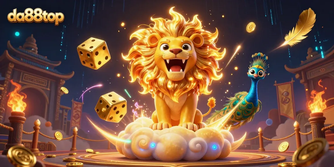 Engage in thrilling gameplay at da88top with golden dice and a majestic lion in a dynamic casino environment.