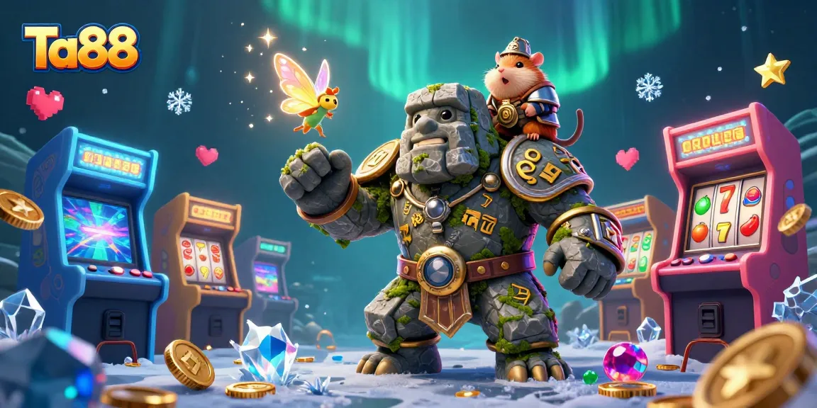 Engage in thrilling Ta88 gaming with a magical golem, fairy, and knight amidst vibrant casino elements.