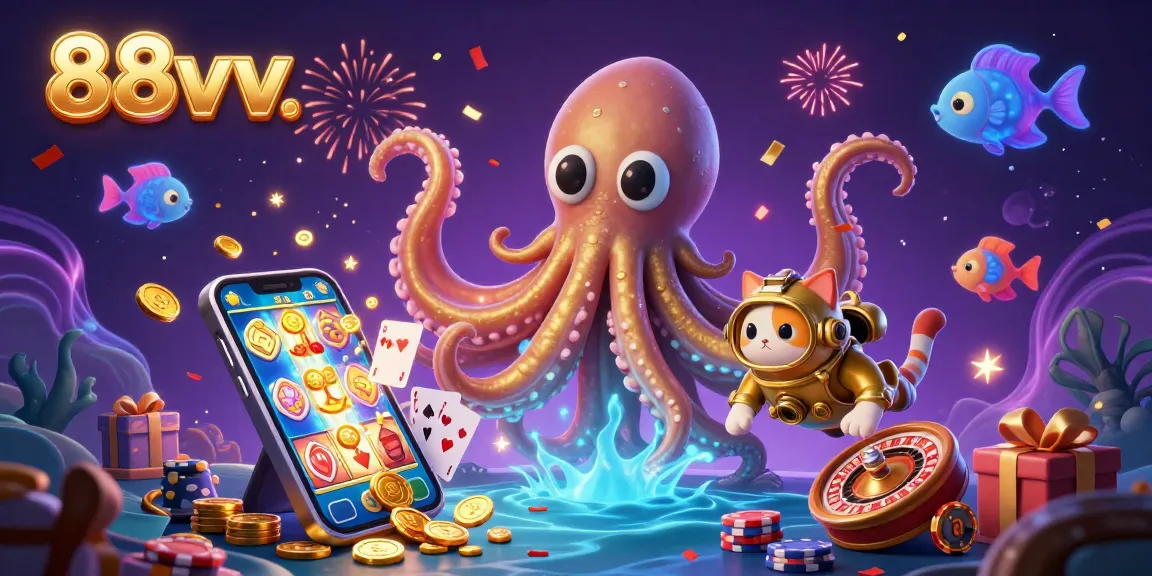Experience the excitement of 88vv with a kraken, diving cat, and vibrant slot game elements.