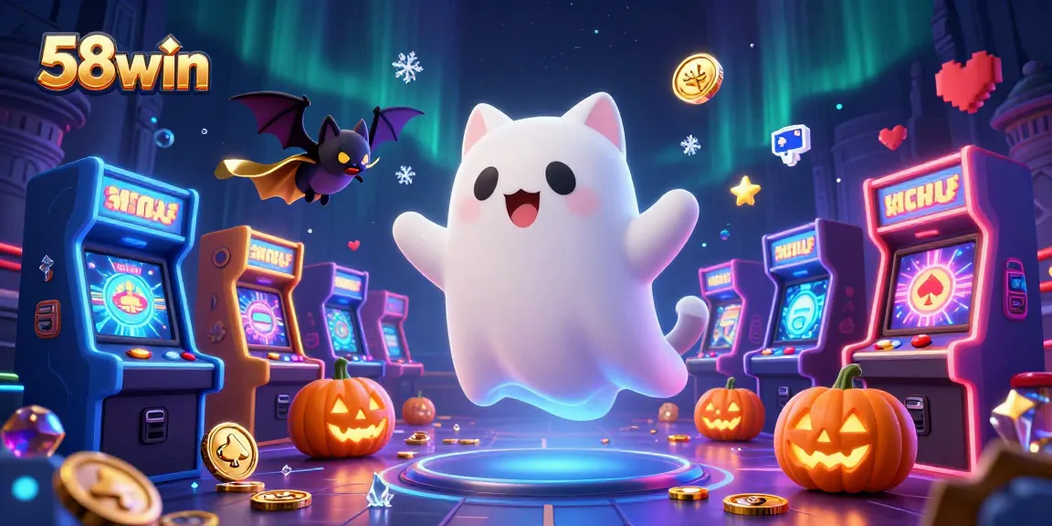 Play thrilling games at 58win with a ghost cat and vampire bat in a fun, haunted casino.