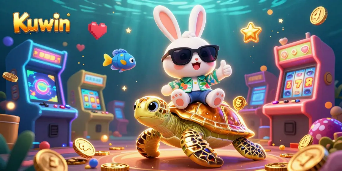 Kuwin features a lucky rabbit and golden turtle in dynamic casino scene with arcade and slot elements.