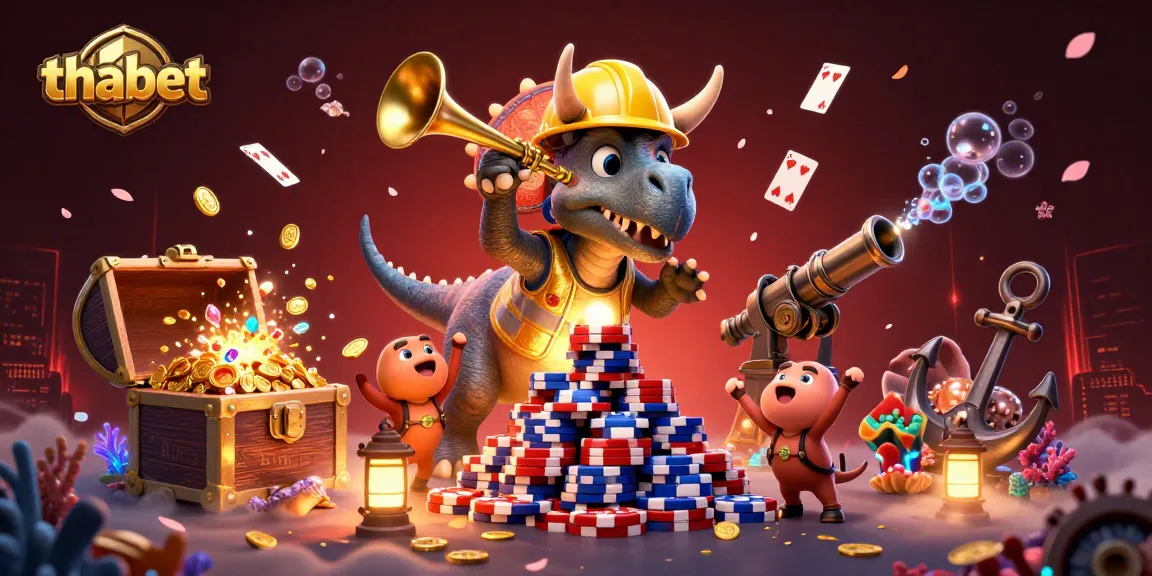 Experience thabet's excitement as a triceratops builds poker chip towers amid cheering creatures.