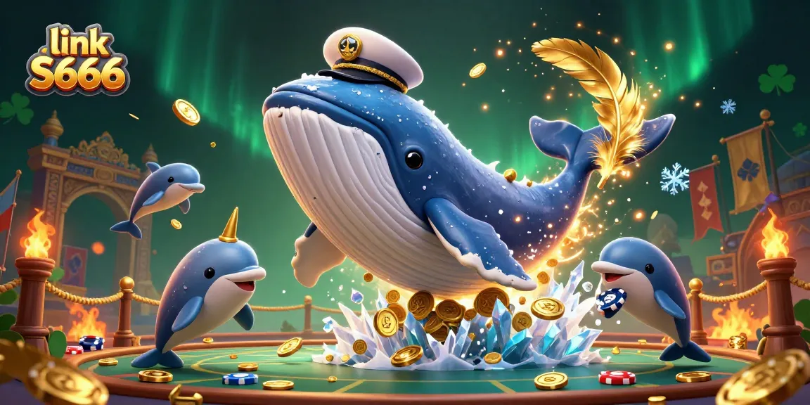 Experience the thrilling world of link S666 with vibrant casino visuals showcasing a 3D cartoon whale and friends.