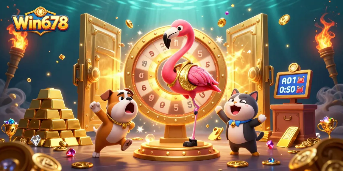 Win678 vibrant scene with a host flamingo and a bulldog contestant at a prize wheel surrounded by treasures.