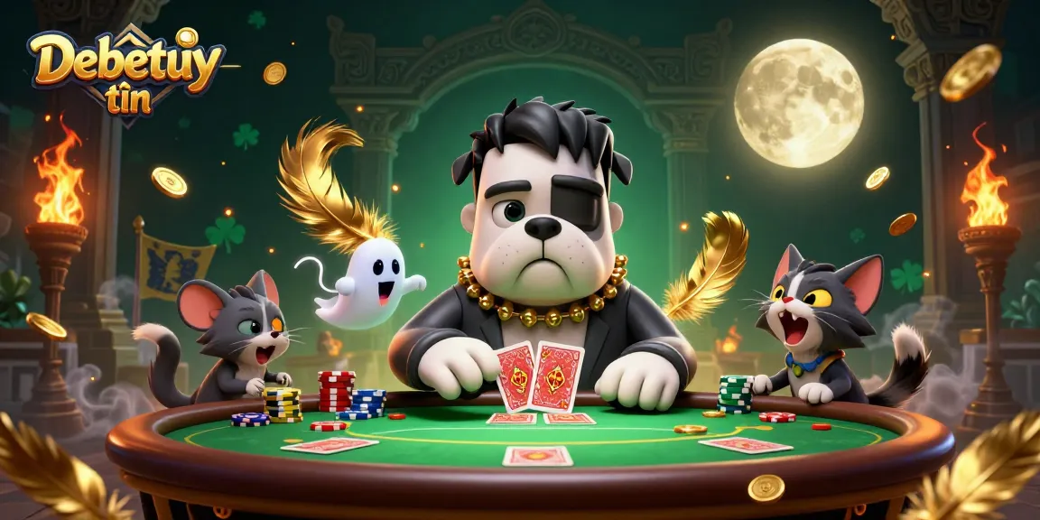Experience thrilling poker action with Debetuy tín at a spooky casino table in this vibrant 3D illustration.