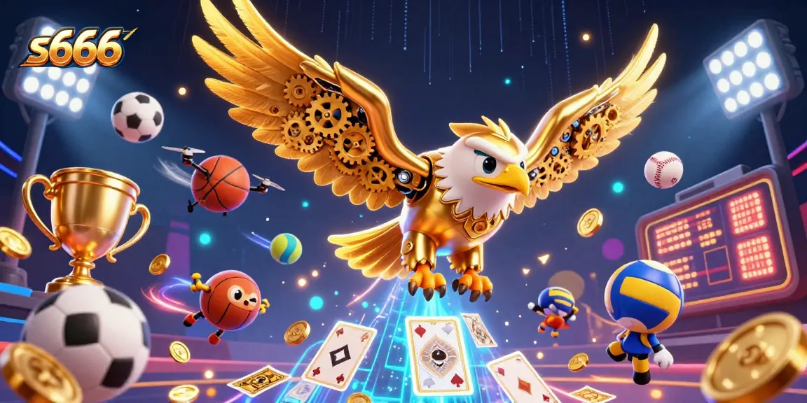 S666 brings thrilling gameplay with a cybernetic eagle diving through holographic cards and flying sports elements.