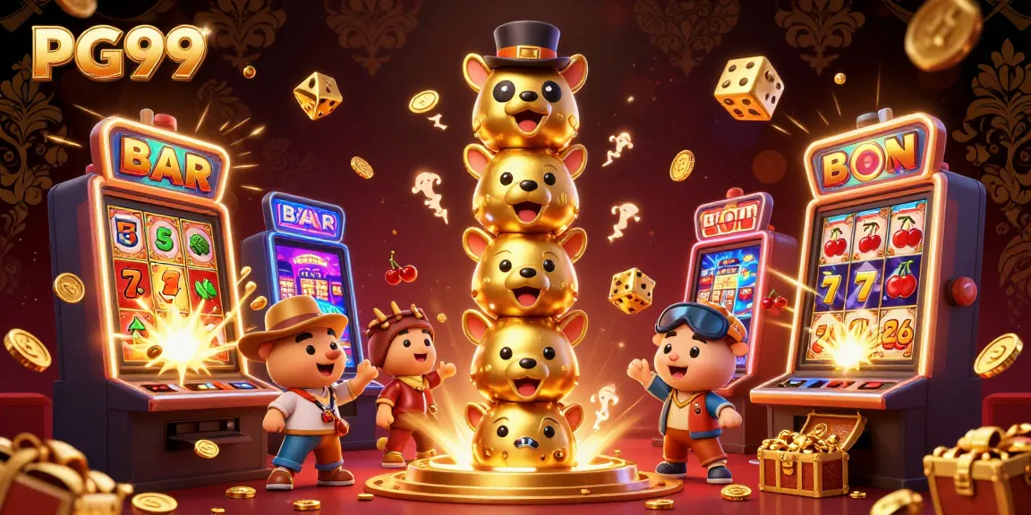 Experience the excitement of PG99 with a vibrant 3D casino scene bursting with jackpots and rich casino elements.