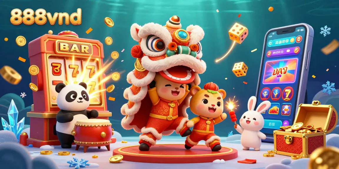 Experience the excitement of 888vnd with a vibrant 3D illustration featuring a lion dance and dynamic casino games.
