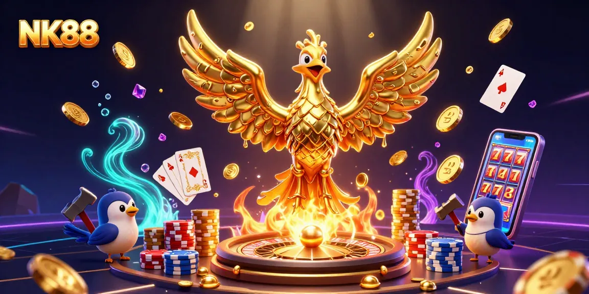 Experience the thrill of gaming with NK88's molten phoenix emerging in a vibrant casino scene.