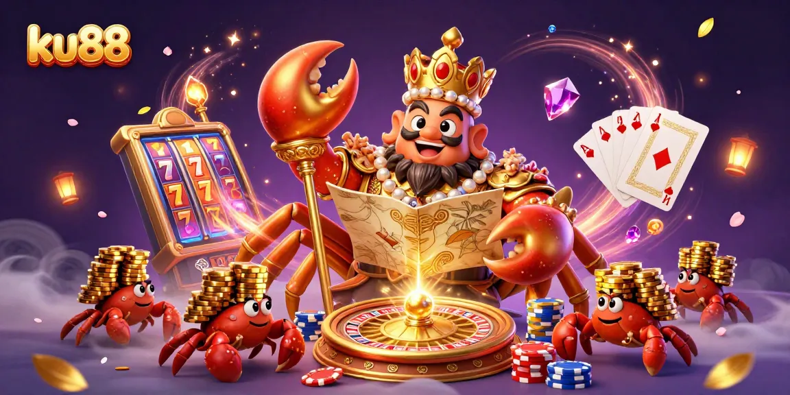 Win exciting prizes with ku88 slots in a vibrant casino scene featuring a golden crab emperor.