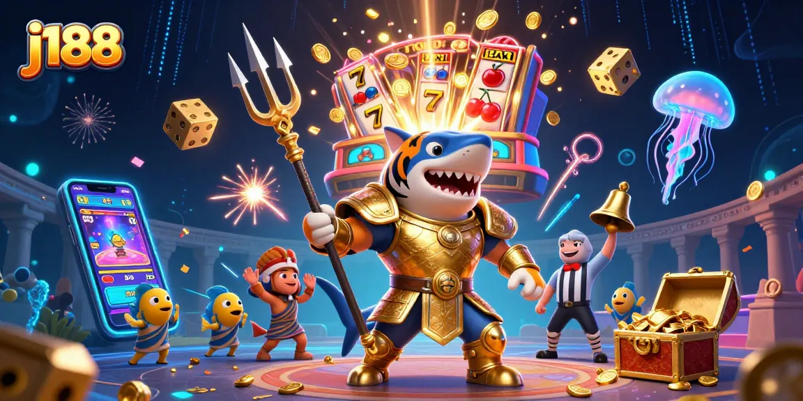 Spin to win at j188's vibrant underwater casino scene with a tiger shark and slot machine.