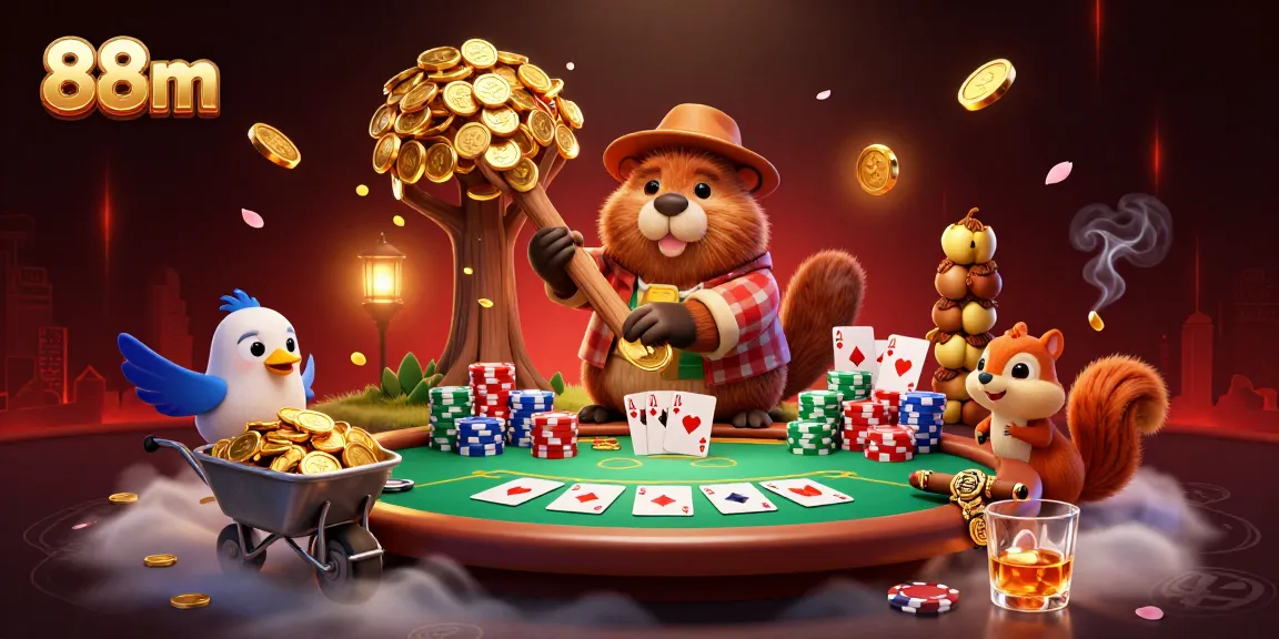 Enjoy a vibrant casino scene showcasing 88m with cartoon characters engaging in fun gambling activities.