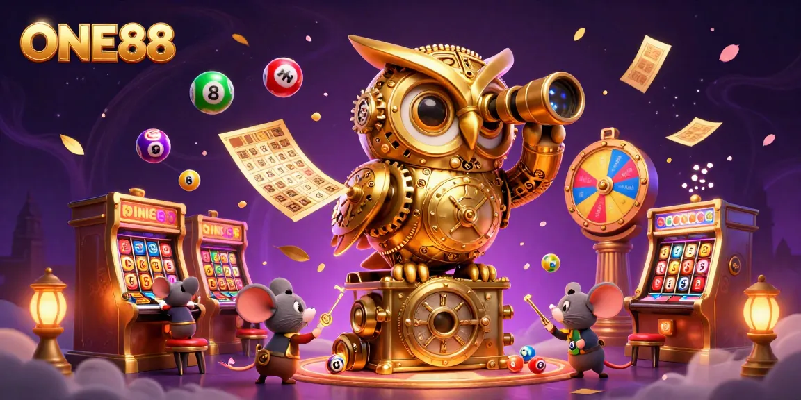 Experience the excitement of ONE88 with a whimsical 3D casino scene featuring an owl, mice, and vibrant game elements.