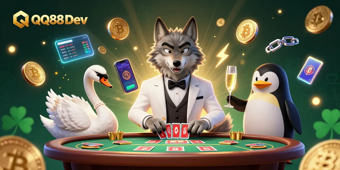 Experience the excitement of gaming with QQ88 Dev at a lavish baccarat table featuring a debonair wolf and elegant characters.