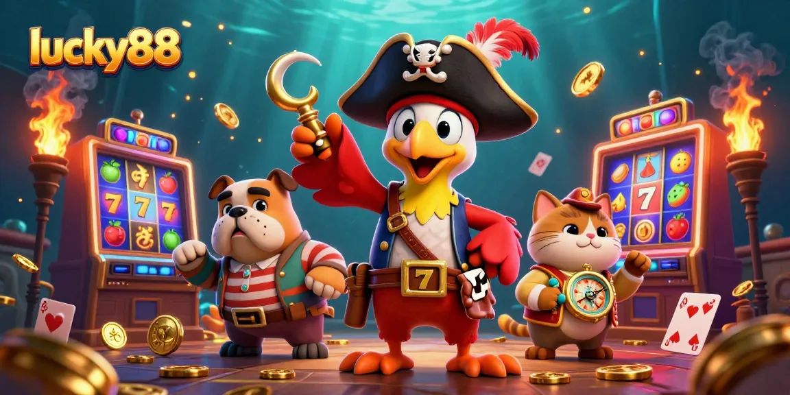 Engage in fun with lucky88 as a pirate captain and friends enjoy a thrilling slot machine adventure.