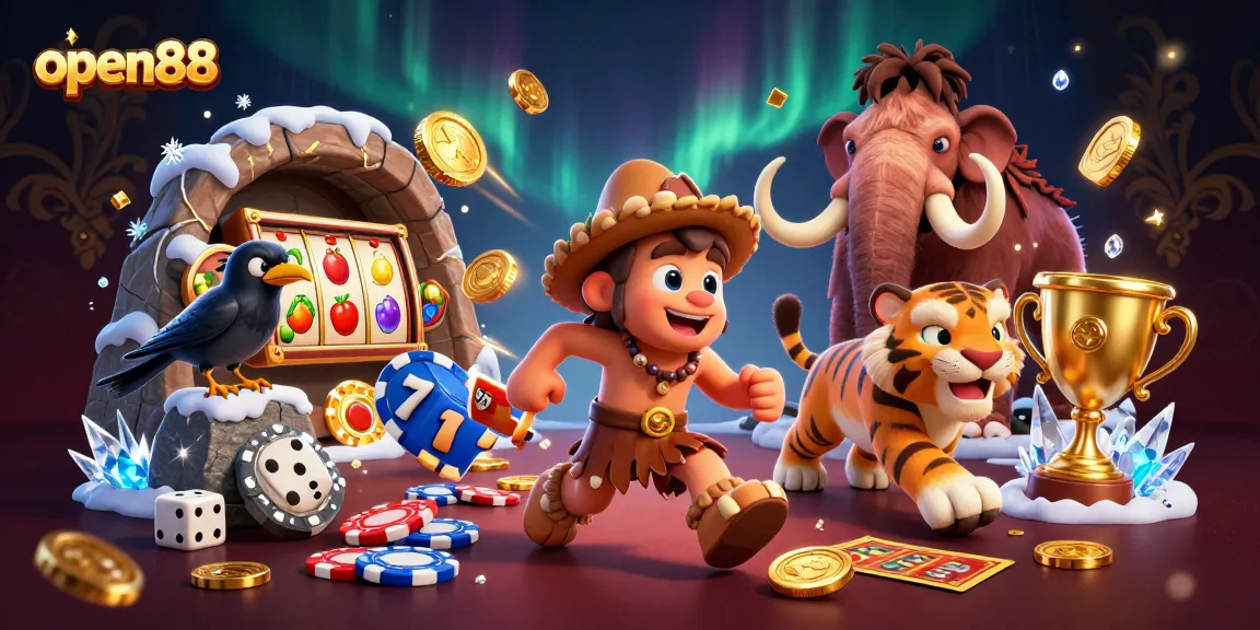Engage with open88 as a vibrant prehistoric casino scene featuring lively characters and dynamic slot reels.