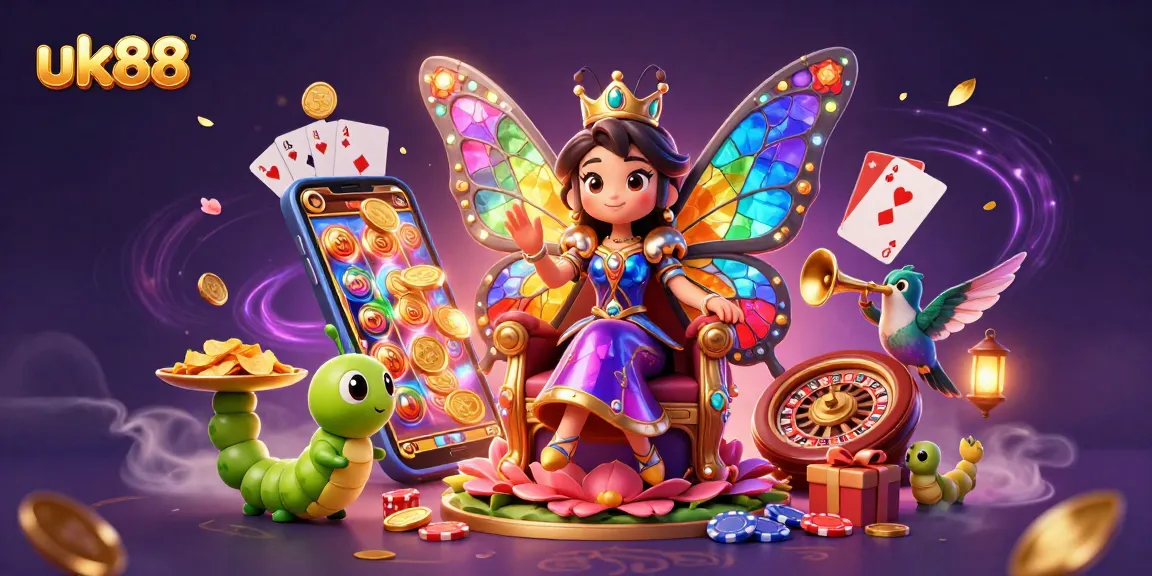 Engage with the magic of uk88 as the butterfly queen presides over a vibrant casino scene filled with games and winnings.