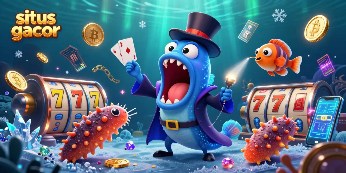 Play slots and win at situs slot gacor with vibrant 3D casino illustration featuring unique underwater characters.