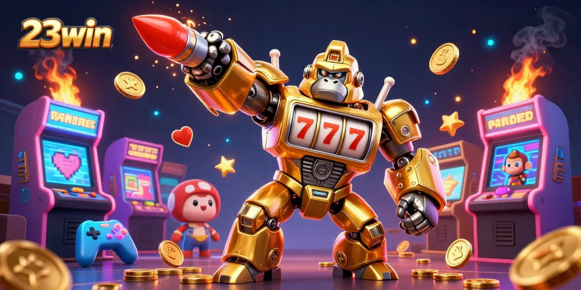 Experience 23win excitement with a golden gorilla mech and arcade elements in immersive casino action.