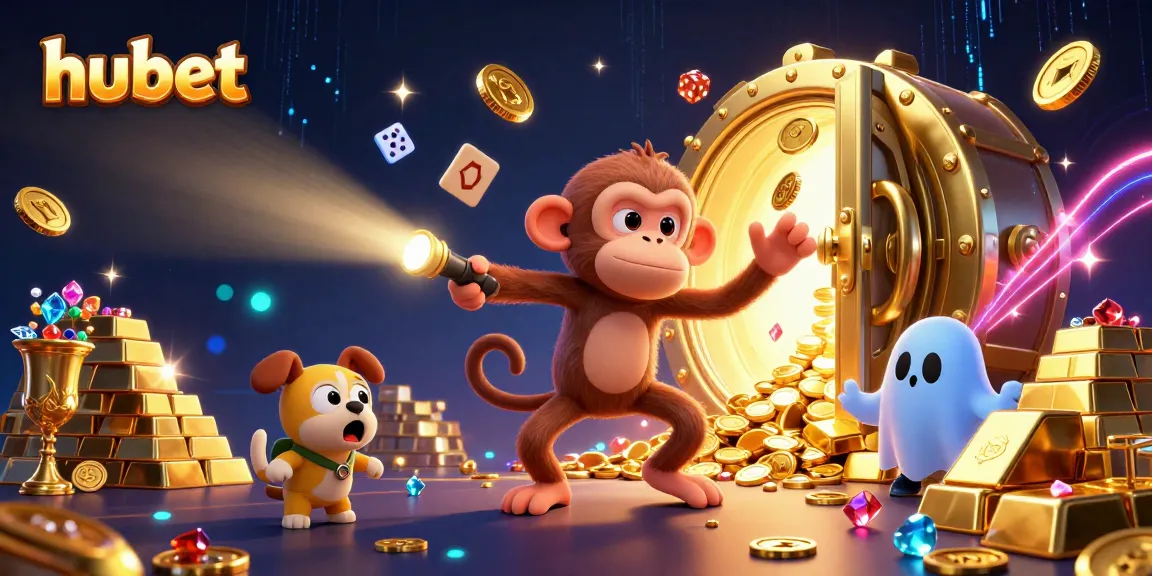 Engage with hubet's vibrant casino illustrated scene featuring a playful monkey and a curious puppy.