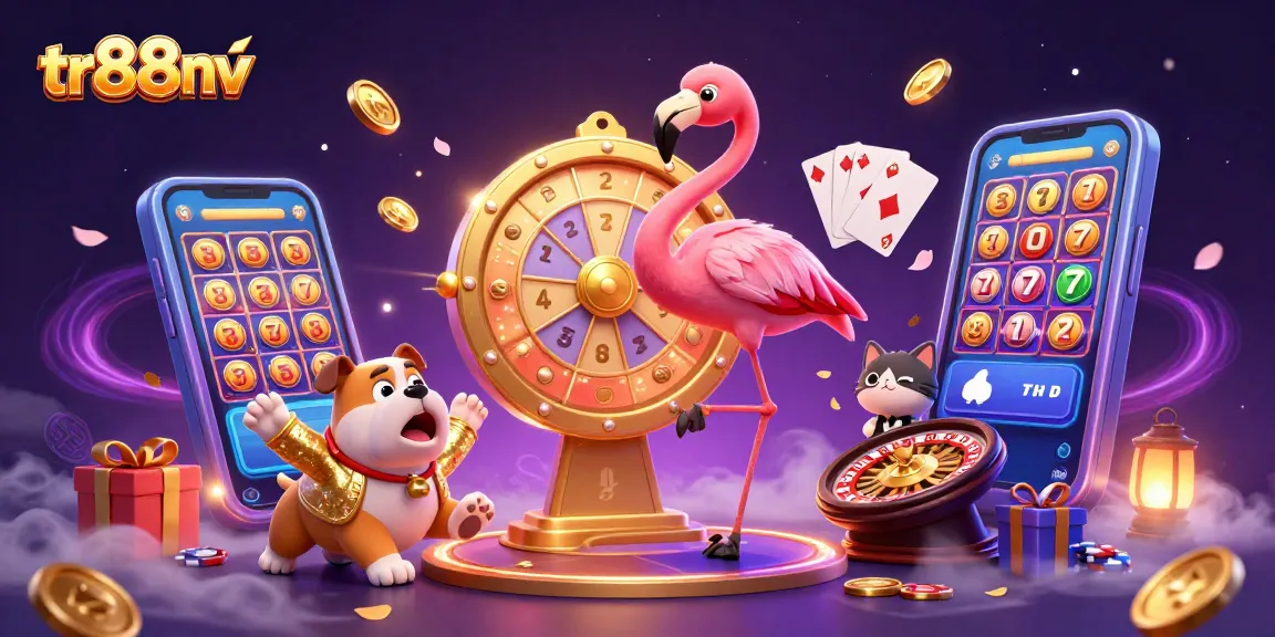 Experience vibrant gaming excitement at tr88nv, featuring a game show host and thrilling slot games.