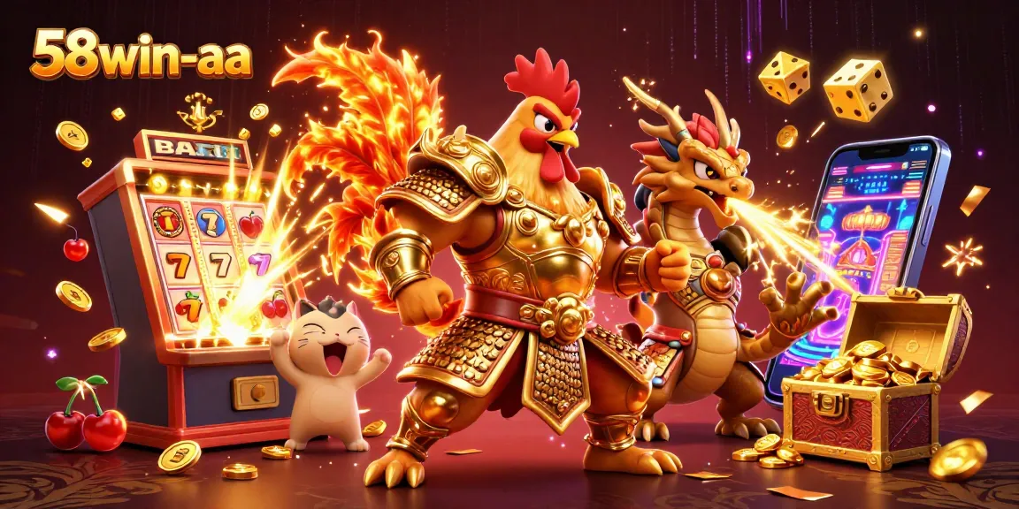 Experience the thrilling world of 58win-aa with a dynamic illustration of a rooster warrior, dragon hatchling, and vibrant gaming elements.