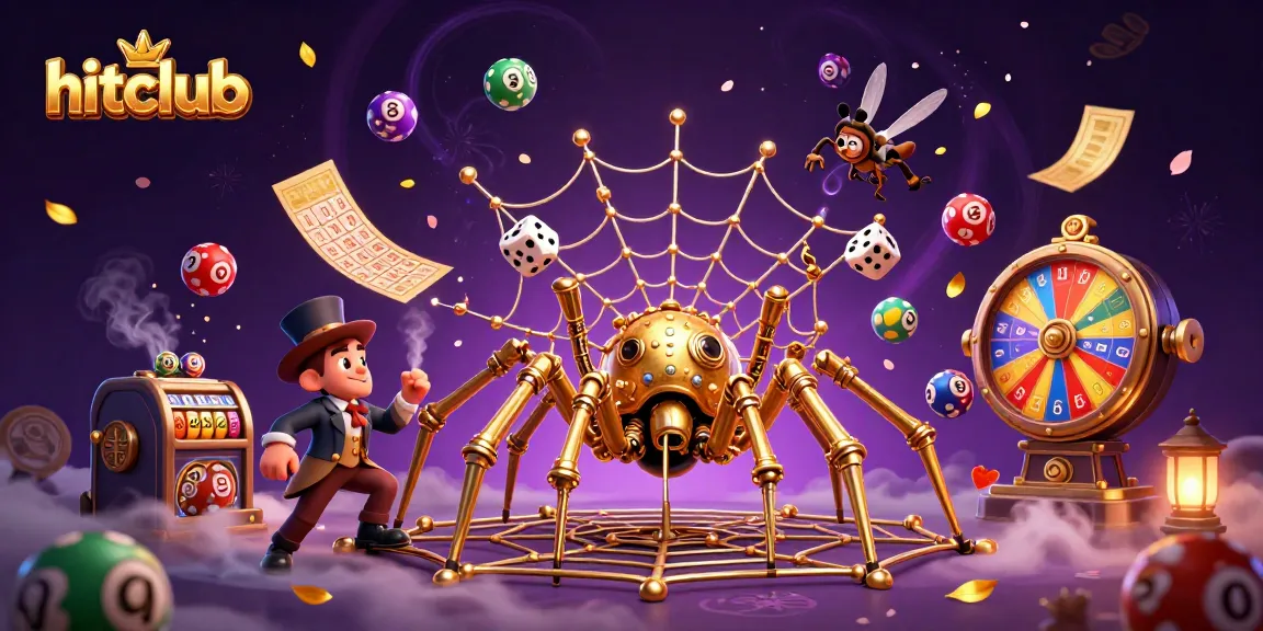Hitclub showcases a lively 3D casino scene with a steampunk spider catching dice among dynamic gambling elements.