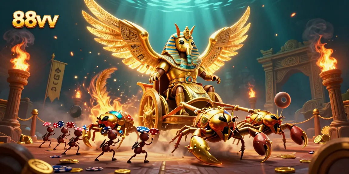 Engage with 88vv's thrilling 3D illustration showcasing a golden scarab beetle in a casino adventure.