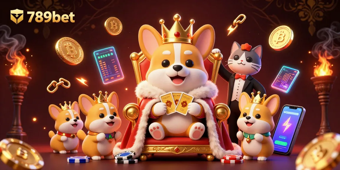 Win big with 789bet: a vibrant scene of a royal corgi and crypto elements in a casino landscape.
