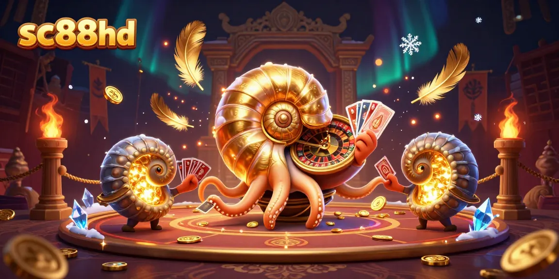Engage with sc88hd's vibrant 3D casino scene featuring a giant nautilus and glowing ammonite companions.