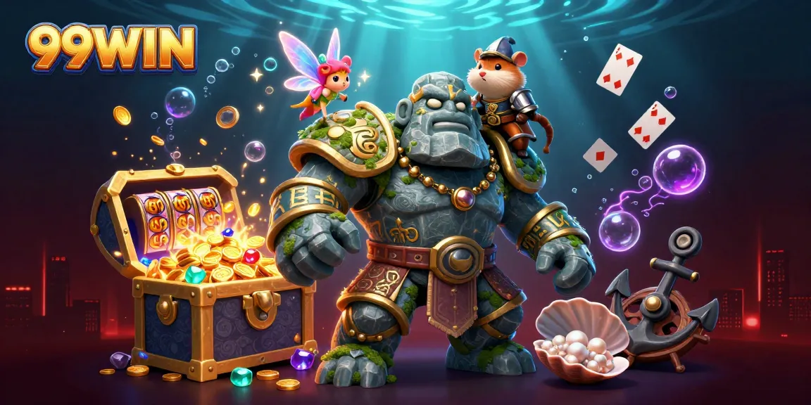 Experience 99WIN's dynamic gaming scene with vibrant slots, magical characters, and winning treasures.