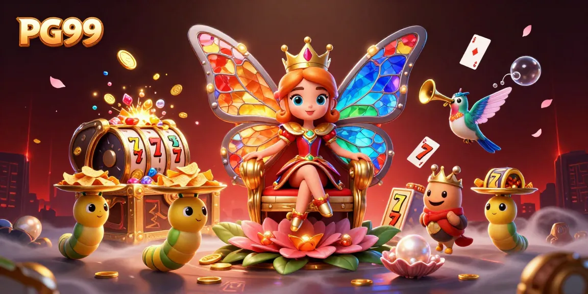 Engage with PG99's vibrant casino action featuring a striking butterfly queen in a colorful online gaming environment.