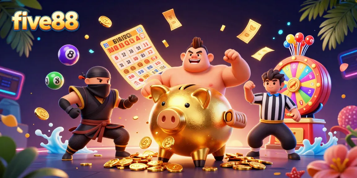 five88 showcases a vibrant 3D scene with a golden piggy bank sumo wrestler amidst lively gambling elements.