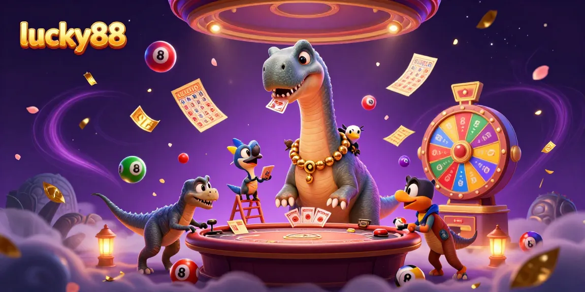 Engage in thrilling gameplay with lucky88, a vibrant casino scene featuring a cartoon brontosaurus and raptor.