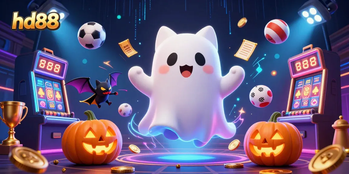 Experience thrilling gaming at hd88 with a friendly ghost cat and vibrant casino elements.