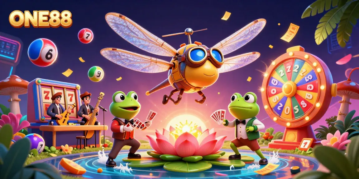 Experience the thrill of ONE88 with delightful casino elements and characters in a vibrant scene.