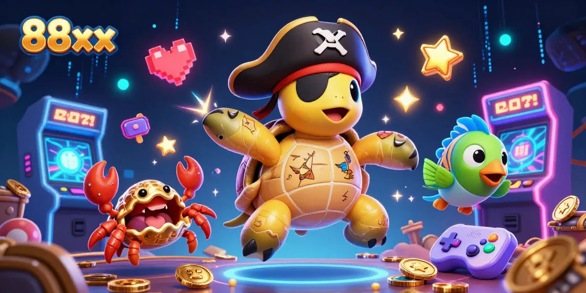 Join the thrilling 88xx experience with a pirate turtle and friends above hidden treasures in vibrant 3D.