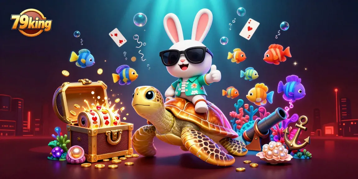 Experience exciting gameplay with 79king as the lucky rabbit rides a golden sea turtle surrounded by slot machines.