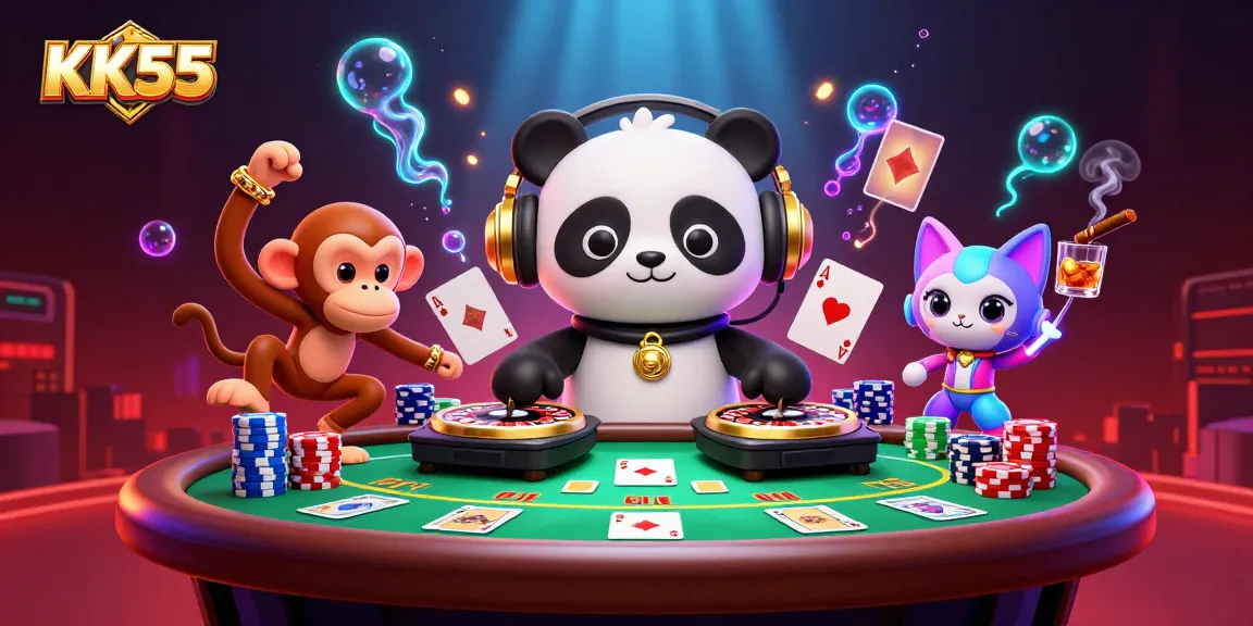 Experience exciting gaming at KK55 with fun characters and vibrant casino elements in a lively scene.