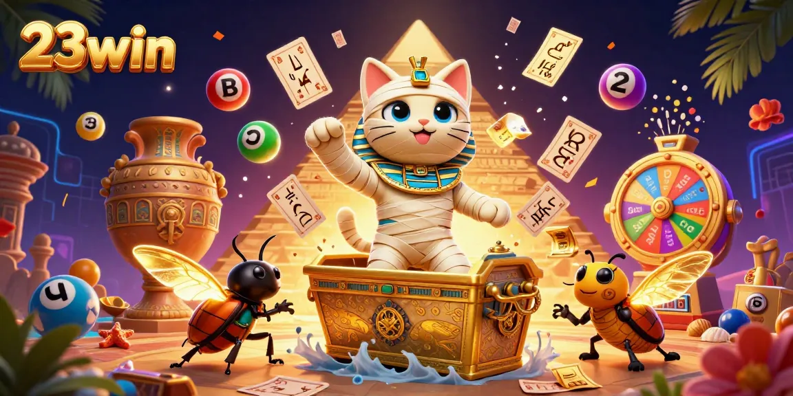 Engage with 23win's vibrant casino theme featuring a mummy cat and treasures of luck.