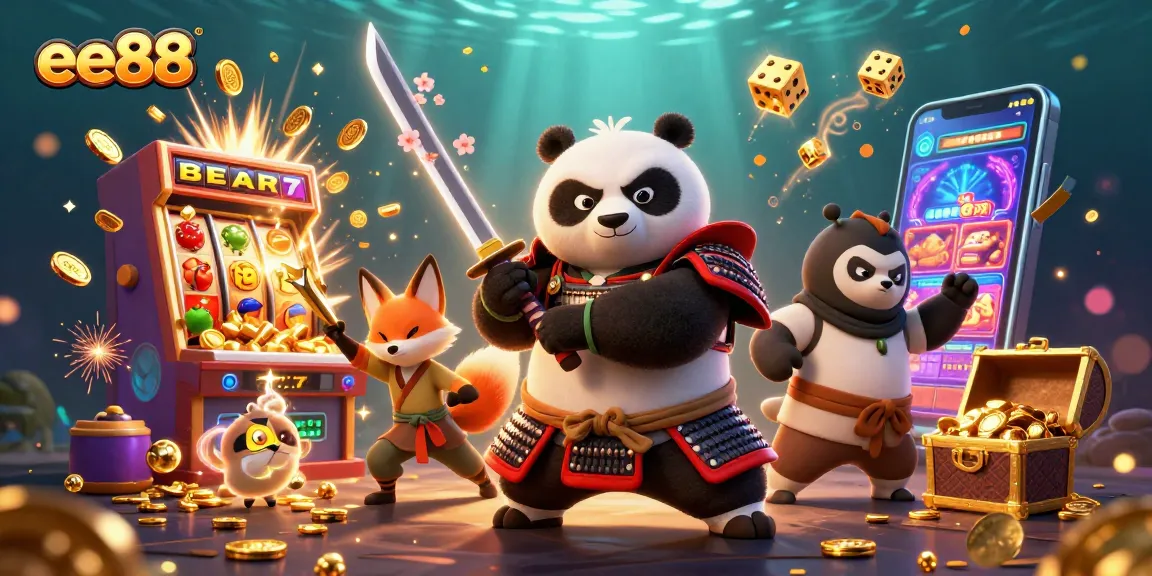 ee88 showcases a thrilling jackpot scene with samurai panda, ninja fox, and magical spirit.