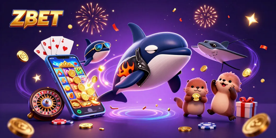Join the fun with ZBET as orca whale jumps and sea otters celebrate by holding golden coins in a vibrant casino scene.