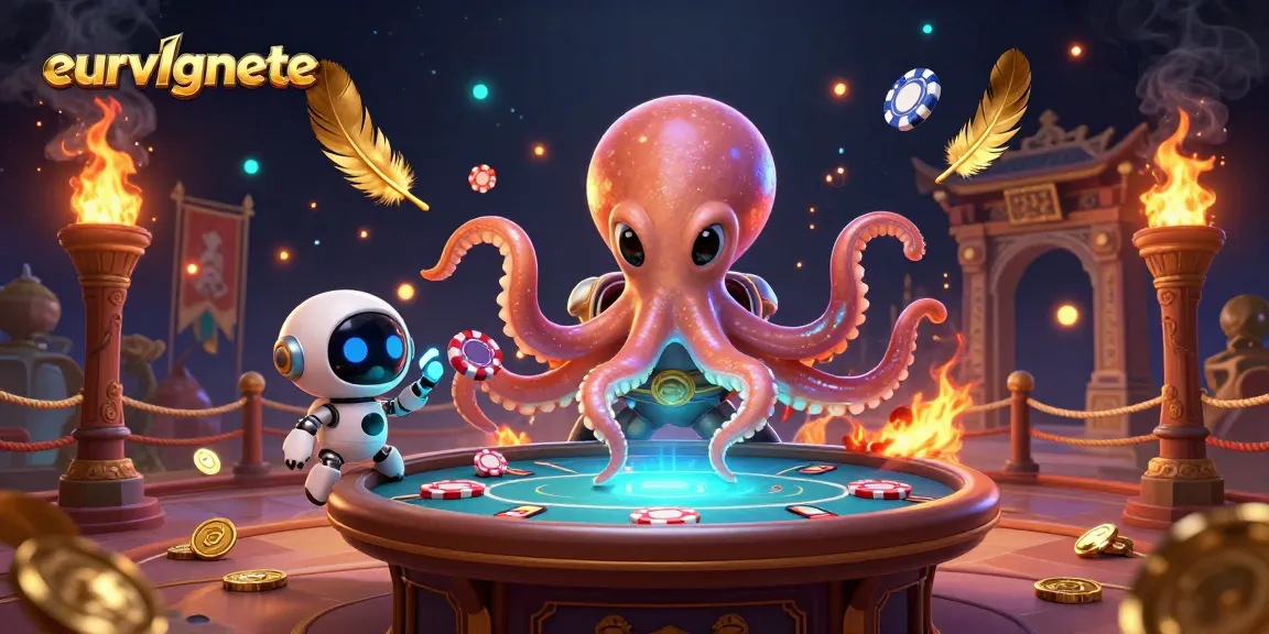 Engage with eurvlgnete's thrilling poker scene featuring an alien octopus and a robot in space.