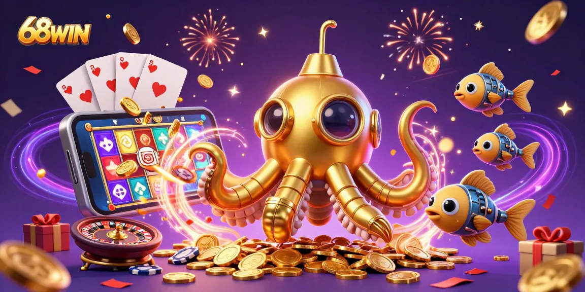 Experience the excitement of 68WIN with a thrilling 3D illustration of a golden kraken submarine surrounded by casino games and celebrations.