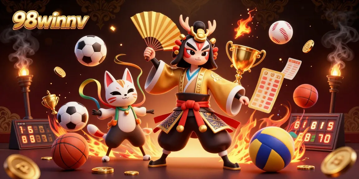 Engage with 98winnv's vibrant 3D illustration featuring dynamic characters and thrilling casino elements.