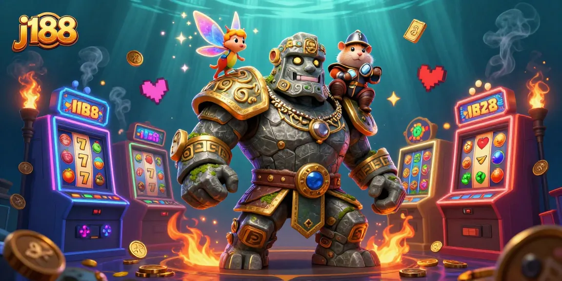 Experience j188's vibrant casino adventure with a stone golem, fairy, and hamster knight amidst slot machines.