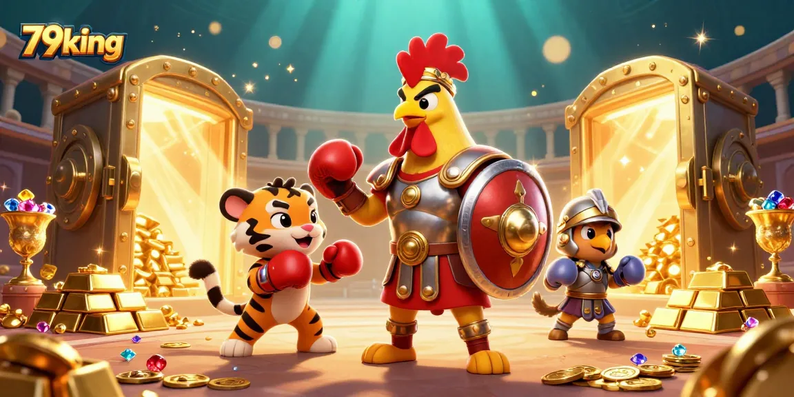 See the 79king gladiator rooster and companions in an exciting, gem-filled casino scene!