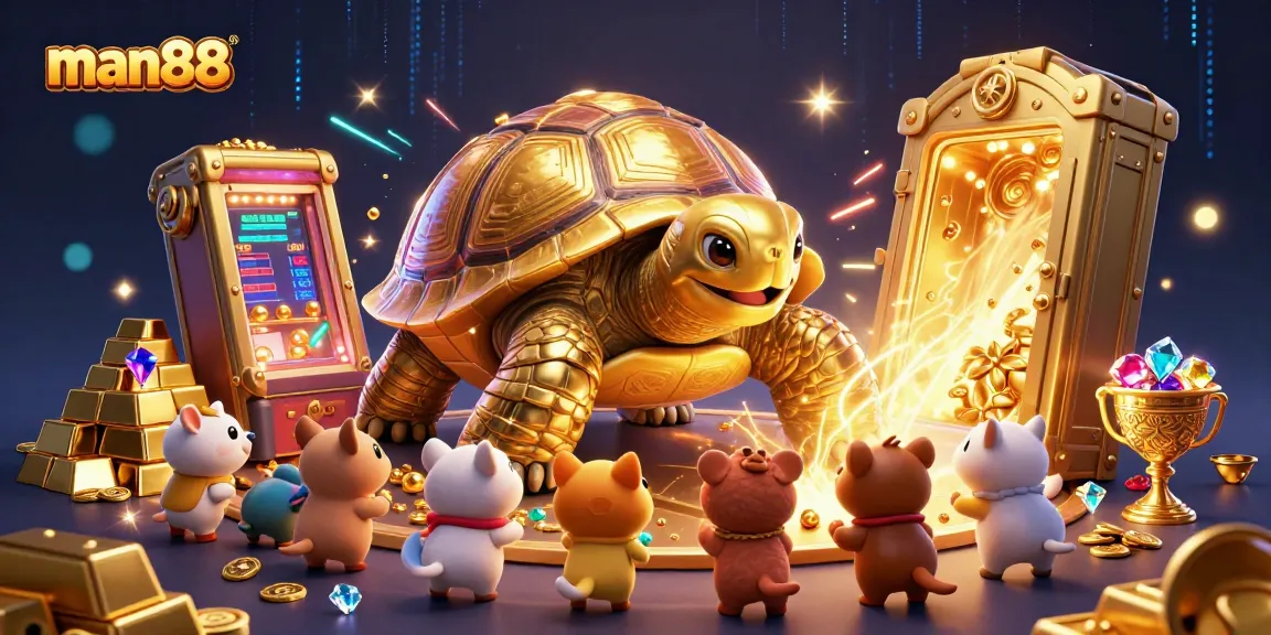 Experience thrilling moments at man88 with a golden tortoise pinball machine and treasure galore.